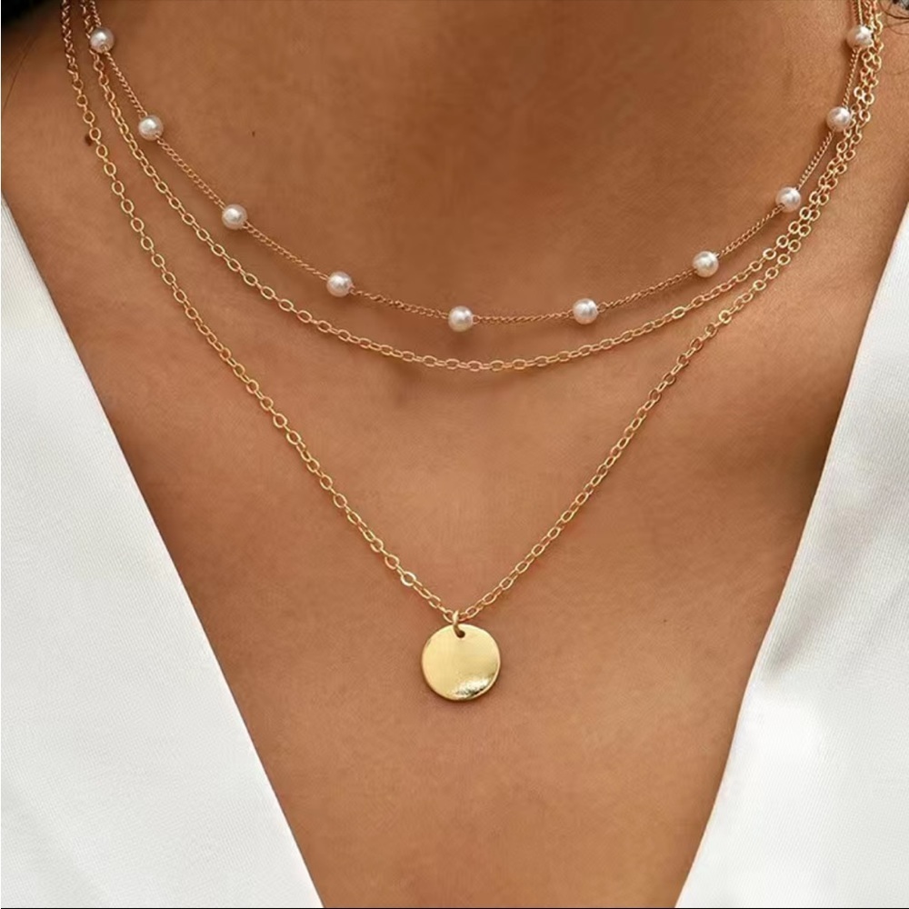 New Elegant Crystal Faux Pearl Pendant Necklace Layered Pearl Chain-Golden
